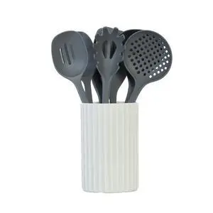 Kitchen Utensils Set, 8pcs - Nonstick Cooking Tools with Utensil Holder - Nylon Spoon, Ladle, Skimmer, Spaghetti Server, and Turner Spatula Set - Dishwasher Safe, Grey Kitchen Utensils Set, 8pcs - Nonstick Cooking Tools with Utensil Holder - Nylon Spoon, Ladle, Skimmer, Spaghetti Server, and Turner Spatula Set - Dishwasher Safe, Grey