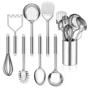 8 Pcs Stainless Steel Kitchen Cooking Utensils Set with Holder | Metal Wok Spatula Ladle, Non-Toxic Kitchen Tools, Dishwasher Safe Cookware Accessories, Heat Resistant Ergonomic Handle 8 Pcs Stainless Steel Kitchen Cooking Utensils Set with Holder | Metal Wok Spatula Ladle, Non-Toxic Kitchen Tools, Dishwasher Safe Cookware Accessories, Heat Resistant Ergonomic Handle