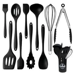 Silicone Kitchen Utensils Set,10 PCS Cooking Kitchen Utensils Set, Nonstick Kitchen Utensils 446°F Heat-Resistant Cookware Kitchen Tools of Spoon,Brush,Whisk,Spatula,Turner Tongs(Black) Silicone Kitchen Utensils Set,10 PCS Cooking Kitchen Utensils Set, Nonstick Kitchen Utensils 446°F Heat-Resistant Cookware Kitchen Tools of Spoon,Brush,Whisk,Spatula,Turner Tongs(Black)