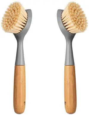 2 Pack Kitchen Dish Brush Bamboo Handle Dish Scrubber Built-in Scraper | Scrub Brush for Pans, Pots, Kitchen Sink Cleaning, Dishwashing and Cleaning Brushes are Perfect Cleaning Tools, Color-Gray 2 Pack Kitchen Dish Brush Bamboo Handle Dish Scrubber Built-in Scraper | Scrub Brush for Pans, Pots, Kitchen Sink Cleaning, Dishwashing and Cleaning Brushes are Perfect Cleaning Tools, Color-Gray