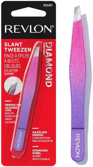 Diamond Collection Tweezer, Pink & Purple, 1 Count | Ultra-sharp slant tip tweezers for precision eyebrow shaping and facial hair removal. Made of stainless steel. Diamond Collection Tweezer, Pink & Purple, 1 Count | Ultra-sharp slant tip tweezers for precision eyebrow shaping and facial hair removal. Made of stainless steel.