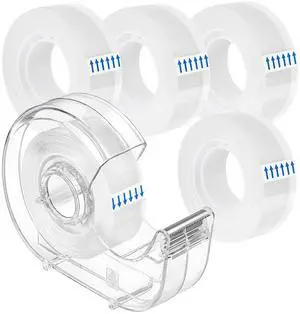 1 Pcs Tape Dispenser, 5 Tape Rolls, 1 Inch Core | Transparent Tape Refill, Ideal for School, Office, Gift Wrapping and Craft 1 Pcs Tape Dispenser, 5 Tape Rolls, 1 Inch Core | Transparent Tape Refill, Ideal for School, Office, Gift Wrapping and Craft