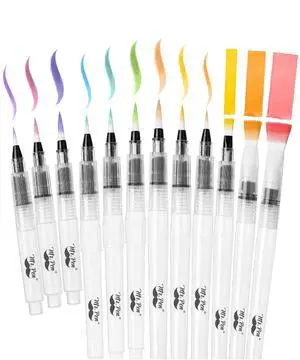 Watercolor Brush Pens, 12 pcs | 9 x Point Tips and 3 x Flat Tips Styles, Refillable Watercolor Pens for Acrylic, Gouache Painting, Crayons Watercolor Brush Pens, 12 pcs | 9 x Point Tips and 3 x Flat Tips Styles, Refillable Watercolor Pens for Acrylic, Gouache Painting, Crayons