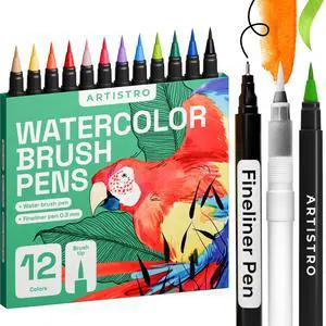 12 Watercolor Markers with Flexible Paint Brush Pens for Pros & Beginners - Consistent, Smooth, Bright, Washable, Non-Toxic, Ideal for Coloring, Calligraphy, & Manga 12 Watercolor Markers with Flexible Paint Brush Pens for Pros & Beginners - Consistent, Smooth, Bright, Washable, Non-Toxic, Ideal for Coloring, Calligraphy, & Manga