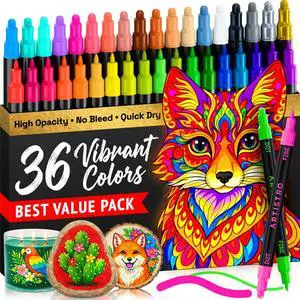 Dual-Tip Acrylic Paint Marker Pens - Set of 36 | For Fabric, Rock, Glass, Wood, Coloring Book, Arts & Crafts Gift, Pumpkin Decorating Kit & Halloween Crafts (Dot & Fine Tips) Dual-Tip Acrylic Paint Marker Pens - Set of 36 | For Fabric, Rock, Glass, Wood, Coloring Book, Arts & Crafts Gift, Pumpkin Decorating Kit & Halloween Crafts (Dot & Fine Tips)