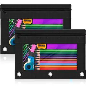 3-Ring Pencil Pouch, 2 Pack Black Bulk Pencil Case, Pencil Bags with Zipper for Office Supplies Cosmetics, with Zipper & Reinforced Grommets Fabric Large Pencil Case for 3 Hole Binder 3-Ring Pencil Pouch, 2 Pack Black Bulk Pencil Case, Pencil Bags with Zipper for Office Supplies Cosmetics, with Zipper & Reinforced Grommets Fabric Large Pencil Case for 3 Hole Binder