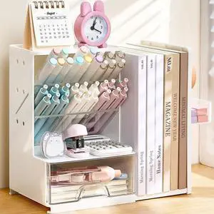 Desk Organizer with Bookends, Pegboard & Drawer, Pen & Pencil Holder | Desk Accessories with 5 Compartments, Teacher School Office Supplies, Dorm Room Organization Storage for Sticky Notes, White Desk Organizer with Bookends, Pegboard & Drawer, Pen & Pencil Holder | Desk Accessories with 5 Compartments, Teacher School Office Supplies, Dorm Room Organization Storage for Sticky Notes, White