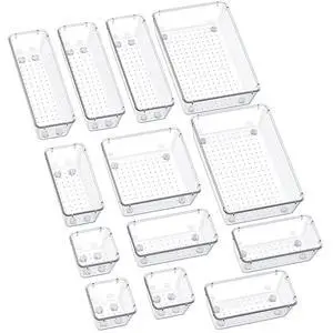 13-Piece Drawer Organizers with Non-Slip Silicone Pads, 5-Size | Clear Desk Bathroom Drawer Organizer Trays Storage Tray for Makeup, Jewelry, Utensils in Bedroom Dresser, Office and Kitchen 13-Piece Drawer Organizers with Non-Slip Silicone Pads, 5-Size | Clear Desk Bathroom Drawer Organizer Trays Storage Tray for Makeup, Jewelry, Utensils in Bedroom Dresser, Office and Kitchen