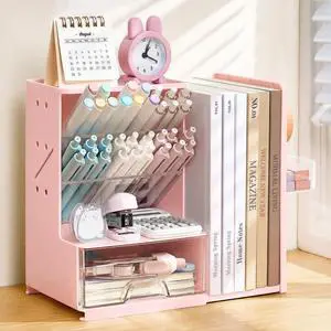 Desk Organizer with Bookends, Pegboard & Drawer, Pen & Pencil Holder | Desk Accessories with 5 Compartments, Teacher School Office Supplies, Dorm Room Organization Storage for Sticky Notes, Pink Desk Organizer with Bookends, Pegboard & Drawer, Pen & Pencil Holder | Desk Accessories with 5 Compartments, Teacher School Office Supplies, Dorm Room Organization Storage for Sticky Notes, Pink