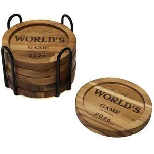 Acacia Wood Coasters Set of 6 with Metal Holder, Laser Engraved The World's Game 2026 Design, Absorbent Wooden Drink Coasters, 3.9" Round, Housewarming Gift Acacia Wood Coasters Set of 6 with Metal Holder, Laser Engraved The World's Game 2026 Design, Absorbent Wooden Drink Coasters, 3.9" Round, Housewarming Gift