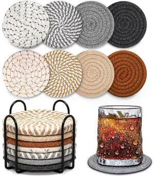 Woven Coasters Set of 8, Absorbent Drink Coasters with Holder, Boho Cotton Coffee Cup Coaster for Table, Desk, Coffee Bar, Housewarming Gift (8 Colors,4.17 Inch) Woven Coasters Set of 8, Absorbent Drink Coasters with Holder, Boho Cotton Coffee Cup Coaster for Table, Desk, Coffee Bar, Housewarming Gift (8 Colors,4.17 Inch)