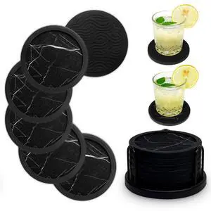 Set of 6 Non-Slip Silicone Coasters with Holder, Double-Sided Absorbent for Hot/Cold Drinks, Scratch & Water Ring Protection for Wood Tables, Home Office Bar, Black Gold Marble (Black White Pattern) Set of 6 Non-Slip Silicone Coasters with Holder, Double-Sided Absorbent for Hot/Cold Drinks, Scratch & Water Ring Protection for Wood Tables, Home Office Bar, Black Gold Marble (Black White Pattern)