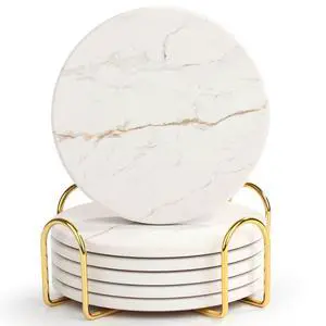 Drink Coasters with Holder for Coffee Table, Absorbent Coasters Set of 6, Marble Style Ceramic Coaster for Wooden Table, Suitable for Kinds of Cups, Home Decor, 4 Inches(White) Drink Coasters with Holder for Coffee Table, Absorbent Coasters Set of 6, Marble Style Ceramic Coaster for Wooden Table, Suitable for Kinds of Cups, Home Decor, 4 Inches(White)