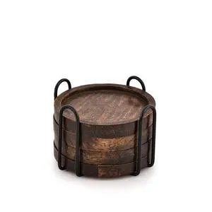 Mango Wood Coasters for Drinks with Iron Holder Stand Set of 4 for Drinking Glasses, Tabletop Protection for Any Table Type Mango Wood Coasters for Drinks with Iron Holder Stand Set of 4 for Drinking Glasses, Tabletop Protection for Any Table Type