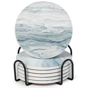 Drink Coasters with Holder for Coffee Table, Absorbent Coasters Set of 6, Marble Style Ceramic Coaster for Wooden Table, Suitable for Kinds of Cups, Home Decor, 4 Inches(Blue) Drink Coasters with Holder for Coffee Table, Absorbent Coasters Set of 6, Marble Style Ceramic Coaster for Wooden Table, Suitable for Kinds of Cups, Home Decor, 4 Inches(Blue)