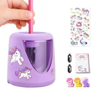 Electric Pencil Sharpeners for Kids, Cute Small Pencil Sharpener for Home Classroom, Battery Pencil Sharpener Electric Plug in, with Erasers DIY Stickers Note Pad (Purple Battery) Electric Pencil Sharpeners for Kids, Cute Small Pencil Sharpener for Home Classroom, Battery Pencil Sharpener Electric Plug in, with Erasers DIY Stickers Note Pad (Purple Battery)