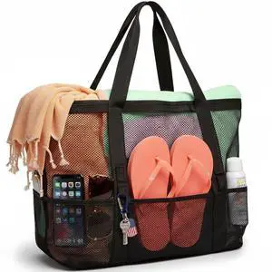 Mesh Beach Bag Family - Large Tote Bag for Beach Pool Cruise, Black | 9 Pockets, Quick Dry, with Zipper Pocket, Portable Mesh Beach Tote Bag for Sand Toys, Towels, Pool, Travel Beach Essentials Mesh Beach Bag Family - Large Tote Bag for Beach Pool Cruise, Black | 9 Pockets, Quick Dry, with Zipper Pocket, Portable Mesh Beach Tote Bag for Sand Toys, Towels, Pool, Travel Beach Essentials