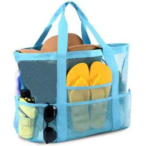 Mesh Beach Bag,Large Beach Bags for Women with 8 Pockets,Packable Tote Bag for Beach Cruise Pool Vacation Essentials (Sky Blue) Mesh Beach Bag,Large Beach Bags for Women with 8 Pockets,Packable Tote Bag for Beach Cruise Pool Vacation Essentials (Sky Blue)