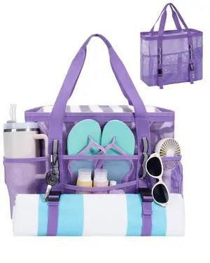 Mesh Beach Bag for Women, Family Pool Bags for Cruise (Purple) | Sandproof, 40oz Tumbler Pockets, For Swim Toys Towels Travel Vacation Essentials, Large Tote Bag Mesh Beach Bag for Women, Family Pool Bags for Cruise (Purple) | Sandproof, 40oz Tumbler Pockets, For Swim Toys Towels Travel Vacation Essentials, Large Tote Bag