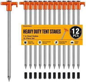 12-Pack Heavy Duty Camping Tent Stakes, 7.1-Inch Rust-Resistant Metal Tent Pegs with Orange Rubber Protective Sleeves for Tarps, Canopies and Garden Use 12-Pack Heavy Duty Camping Tent Stakes, 7.1-Inch Rust-Resistant Metal Tent Pegs with Orange Rubber Protective Sleeves for Tarps, Canopies and Garden Use