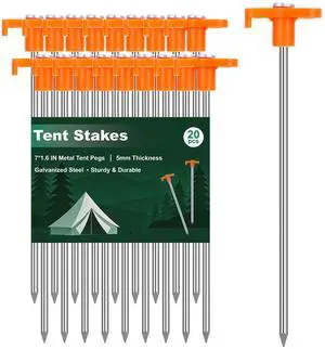 Heavy Duty Tent Stakes 7 Inch, 20 Pack Galvanized Steel Camping Pegs, Ground Anchors for Tents, Canopy and Tarp, Rust Resistant Metal Stakes with High Visibility Orange Heads for Outdoor Heavy Duty Tent Stakes 7 Inch, 20 Pack Galvanized Steel Camping Pegs, Ground Anchors for Tents, Canopy and Tarp, Rust Resistant Metal Stakes with High Visibility Orange Heads for Outdoor