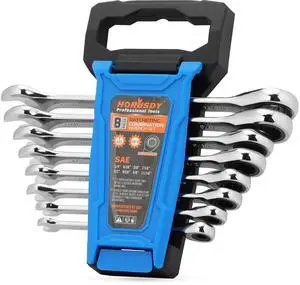 Combination Ratchet Wrenches Set with SAE | 8 Pieces Wrench Set with Wrench Organizer | 72-Tooth | 5° Swing Arc | 1/4" - 11/16" | Chrome Vanadium Steel Combination Ratchet Wrenches Set with SAE | 8 Pieces Wrench Set with Wrench Organizer | 72-Tooth | 5° Swing Arc | 1/4" - 11/16" | Chrome Vanadium Steel
