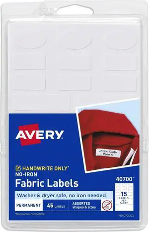 No-Iron Fabric Labels, Assorted Shapes and Sizes, Washer and Dryer-Safe Waterproof Labels, Non-Printable, 45 Total (40700) No-Iron Fabric Labels, Assorted Shapes and Sizes, Washer and Dryer-Safe Waterproof Labels, Non-Printable, 45 Total (40700)