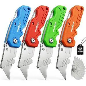 4-Pack Folding Utility Knife Set, Heavy-Duty Box Cutters with 12 Extra Blades, Quick-Change Razor Knives with Color-Coded Handles (Green/Blue/Red/Orange) for Jobsite, Warehouse & Home Use 4-Pack Folding Utility Knife Set, Heavy-Duty Box Cutters with 12 Extra Blades, Quick-Change Razor Knives with Color-Coded Handles (Green/Blue/Red/Orange) for Jobsite, Warehouse & Home Use