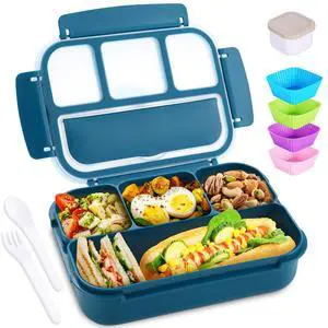 Bento Box Adult Lunch Box, Kids Lunch Containers for School with 4 Compartments, with Utensils, Sauce Jar, Muffin Liners, Microwave Safe, Navy Bento Box Adult Lunch Box, Kids Lunch Containers for School with 4 Compartments, with Utensils, Sauce Jar, Muffin Liners, Microwave Safe, Navy
