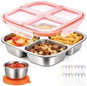 1 Pack Stainless Steel Snack Container for Kids with Sauce Cup and Label Stickers, 4 Compartment Snack Containers, Lunch Box for Kids, Metal Bento Box for School, Picnic, Office, and Gym 1 Pack Stainless Steel Snack Container for Kids with Sauce Cup and Label Stickers, 4 Compartment Snack Containers, Lunch Box for Kids, Metal Bento Box for School, Picnic, Office, and Gym