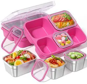 Snackle Box Containers, Stainless Steel 5 Compartments Divided Serving Tray with Lid, Removable LeakProof Portable Bento Box for Fruit Candy Nuts Food - School, Picnic and TravelPink Snackle Box Containers, Stainless Steel 5 Compartments Divided Serving Tray with Lid, Removable LeakProof Portable Bento Box for Fruit Candy Nuts Food - School, Picnic and TravelPink