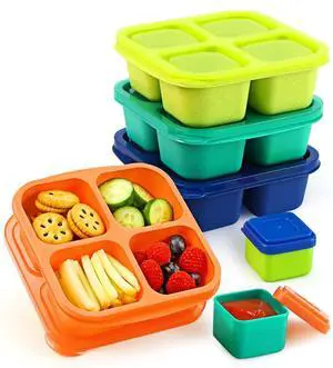 Lunchable Snack Containers - 4 Pack Bento Snack Boxes with 4-Compartment, 2 Leakproof Dip Cups, Reusable Divided Food Containers for School, Work, Travel (Jewel Brights) Lunchable Snack Containers - 4 Pack Bento Snack Boxes with 4-Compartment, 2 Leakproof Dip Cups, Reusable Divided Food Containers for School, Work, Travel (Jewel Brights)