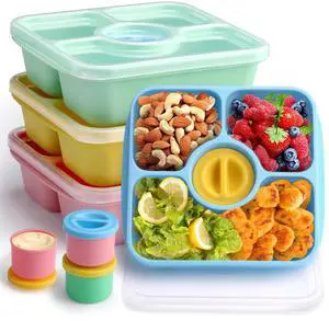 Bento Snack Box Containers for Adults Kids, 4 Pack Lunchable Meal Prep Containers Reusable, Stackable Bento Lunch Box, Food Storage Prep Containers with Lids and 4 Sauce Cups, Pastel Color, Clear Lid Bento Snack Box Containers for Adults Kids, 4 Pack Lunchable Meal Prep Containers Reusable, Stackable Bento Lunch Box, Food Storage Prep Containers with Lids and 4 Sauce Cups, Pastel Color, Clear Lid