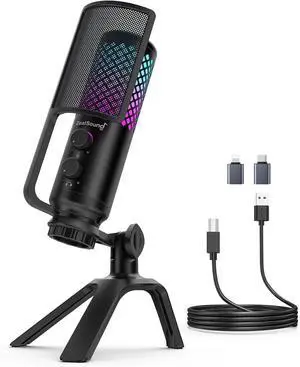 Podcast Microphone for PC/Mac/iPhone/Phone 96kHz/24bit USB Condenser Mic with Noise Reduction, Tap-to-Mute, Gain Control, Zero-Latency Monitor, RGB Light for Streaming, Gaming, Recording Podcast Microphone for PC/Mac/iPhone/Phone 96kHz/24bit USB Condenser Mic with Noise Reduction, Tap-to-Mute, Gain Control, Zero-Latency Monitor, RGB Light for Streaming, Gaming, Recording