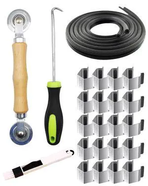 Screen Repair Tool Kit with 32 ft Screen Spline, 5-in-1 | Complete 5-in-1 kit includes 32 ft screen spline, retainer clips 20 Pack, roller tool and removal hook. Screen Repair Tool Kit with 32 ft Screen Spline, 5-in-1 | Complete 5-in-1 kit includes 32 ft screen spline, retainer clips 20 Pack, roller tool and removal hook.