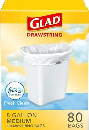 Medium Drawstring Trash Bags, Rip and Tear Resistant, Fresh Clean Scented Garbage Bags, Odor Control, Febreze Freshness, 8 Gallon Trash Bags, 80 Count Medium Drawstring Trash Bags, Rip and Tear Resistant, Fresh Clean Scented Garbage Bags, Odor Control, Febreze Freshness, 8 Gallon Trash Bags, 80 Count