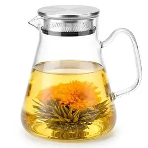 Glass Teapot with Infuser, Stovetop Glass Tea Kettle, 33oz/1000ml | One-touch borosilicate loose leaf tea steeper with removable steel filter lid; glass body works in microwave and dishwasher Glass Teapot with Infuser, Stovetop Glass Tea Kettle, 33oz/1000ml | One-touch borosilicate loose leaf tea steeper with removable steel filter lid; glass body works in microwave and dishwasher