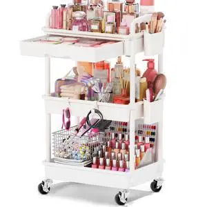 Rolling Makeup Organizer Cart with Removable Drawer, 3 Tier White | Stable Floor Skincare Storage Cart for Vanity, Cosmetic Display, Nail Polish, Perfume, Hair Stuff, Beauty, Bathroom(Plastic) Rolling Makeup Organizer Cart with Removable Drawer, 3 Tier White | Stable Floor Skincare Storage Cart for Vanity, Cosmetic Display, Nail Polish, Perfume, Hair Stuff, Beauty, Bathroom(Plastic)