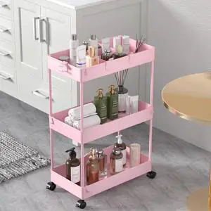 3 Tier Rolling Cart with Wheels, Storage Craft Art Trolley Organizer Serving, 3 Hanging Baskets Easy Assembly, for Office, Living Room, Kitchen, Pink 3 Tier Rolling Cart with Wheels, Storage Craft Art Trolley Organizer Serving, 3 Hanging Baskets Easy Assembly, for Office, Living Room, Kitchen, Pink