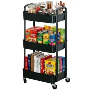 3-Tier Plastic Rolling Utility Cart with Wheels for Storage,Black | Multi-Functional Storage Trolley, for Office, Living Room, Kitchen, Bathroom,Movable Organizer,Space-Saving,Easy to assemble 3-Tier Plastic Rolling Utility Cart with Wheels for Storage,Black | Multi-Functional Storage Trolley, for Office, Living Room, Kitchen, Bathroom,Movable Organizer,Space-Saving,Easy to assemble