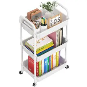 3-Tier Plastic Rolling Utility Cart with Handle,Utility Storage Cart for Office, Living Room, Kitchen,Movable Storage Organizer Shelves,White | Utility Storage Cart for Office, Living Room 3-Tier Plastic Rolling Utility Cart with Handle,Utility Storage Cart for Office, Living Room, Kitchen,Movable Storage Organizer Shelves,White | Utility Storage Cart for Office, Living Room
