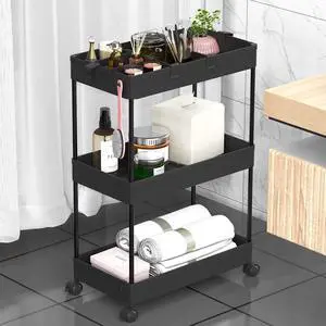 3 Tier Rolling Cart with Wheels, Storage Craft Art Trolley Organizer Serving, 3 Hanging Baskets Easy Assembly, for Office, BathroomLiving Room, Kitchen, Black 3 Tier Rolling Cart with Wheels, Storage Craft Art Trolley Organizer Serving, 3 Hanging Baskets Easy Assembly, for Office, BathroomLiving Room, Kitchen, Black
