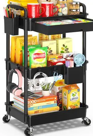 3 Tier Rolling Cart with Drawer, Craft Storage Cart Organizer,Black | Bathroom Storage Organizer with 2 Lockable Wheels, Rolling Utility Cart for Kitchen, Office, Baby, Makeup, Nail,Snack,Laundry 3 Tier Rolling Cart with Drawer, Craft Storage Cart Organizer,Black | Bathroom Storage Organizer with 2 Lockable Wheels, Rolling Utility Cart for Kitchen, Office, Baby, Makeup, Nail,Snack,Laundry
