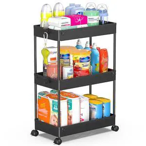 3 Tier Rolling Cart, Bathroom Cart Organizer with Wheels, Black | Mobile Storage Cart for Laundry Room Organization,Kitchen,Office,Bathroom, Utility Cart for Snack,Craft,Art,Makeup,Nail,Toys 3 Tier Rolling Cart, Bathroom Cart Organizer with Wheels, Black | Mobile Storage Cart for Laundry Room Organization,Kitchen,Office,Bathroom, Utility Cart for Snack,Craft,Art,Makeup,Nail,Toys