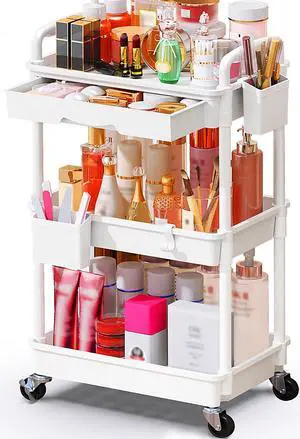 Makeup Cart Organizer with Drawer,3 Tier Rolling Makeup Cart, White | Rolling Vanity Storage for Skin Care Perfume Nail Polish, Floor Skincare Organizers Cosmetics Display Bathroom Storage Cart Makeup Cart Organizer with Drawer,3 Tier Rolling Makeup Cart, White | Rolling Vanity Storage for Skin Care Perfume Nail Polish, Floor Skincare Organizers Cosmetics Display Bathroom Storage Cart