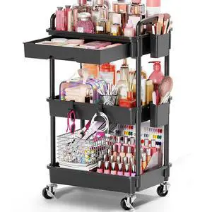Rolling Makeup Organizer Cart with Removable Drawer, 3 Tier Black | Stable Floor Skincare Storage Cart for Vanity, Cosmetic Display, Nail Polish, Perfume, Hair Stuff, Beauty, Bathroom(Plastic) Rolling Makeup Organizer Cart with Removable Drawer, 3 Tier Black | Stable Floor Skincare Storage Cart for Vanity, Cosmetic Display, Nail Polish, Perfume, Hair Stuff, Beauty, Bathroom(Plastic)