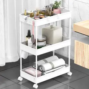 3 Tier Rolling Cart with Wheels, Storage Craft Art Trolley Organizer Serving, 3 Hanging Baskets Easy Assembly, for Office, BathroomLiving Room, Kitchen, White 3 Tier Rolling Cart with Wheels, Storage Craft Art Trolley Organizer Serving, 3 Hanging Baskets Easy Assembly, for Office, BathroomLiving Room, Kitchen, White