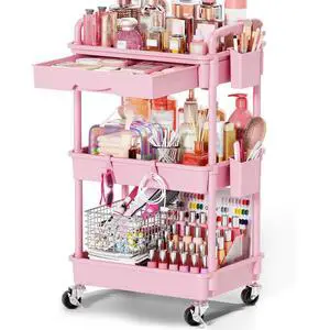 Rolling Makeup Organizer Cart with Removable Drawer, 3 Tier Pink | Stable Floor Skincare Storage Cart for Vanity, Cosmetic Display, Nail Polish, Perfume, Hair Stuff, Beauty, Bathroom(Plastic) Rolling Makeup Organizer Cart with Removable Drawer, 3 Tier Pink | Stable Floor Skincare Storage Cart for Vanity, Cosmetic Display, Nail Polish, Perfume, Hair Stuff, Beauty, Bathroom(Plastic)