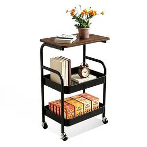 3 Tier Rolling Cart with Walnut Table Top, Sturdy Metal Storage Cart with Lockable Wheels, Multi-Purpose Mobile Shelf for Kitchen, Bedroom, Snacks, Coffee, Craft, Makeup, Garage (Black) 3 Tier Rolling Cart with Walnut Table Top, Sturdy Metal Storage Cart with Lockable Wheels, Multi-Purpose Mobile Shelf for Kitchen, Bedroom, Snacks, Coffee, Craft, Makeup, Garage (Black)