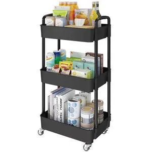 3-Tier Storage Carts,Multifunction Utility Rolling Cart Kitchen Storage Organizer,Mobile Shelving Unit Cart with Lockable Wheels for Bathroom,Laundry,Living Room,With Classified Sticker,Black 3-Tier Storage Carts,Multifunction Utility Rolling Cart Kitchen Storage Organizer,Mobile Shelving Unit Cart with Lockable Wheels for Bathroom,Laundry,Living Room,With Classified Sticker,Black